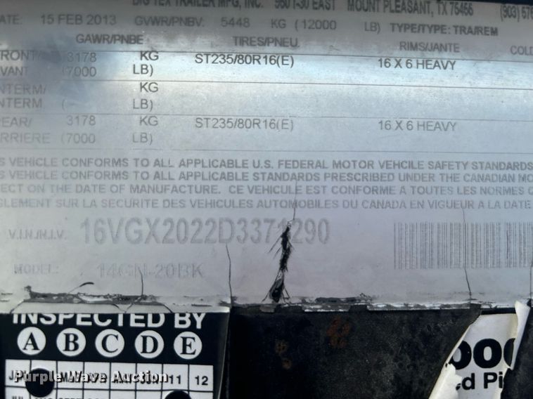 image for item LV9074 2013 Big Tex 14GN-20BK  equipment trailer