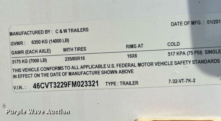 image for item LV9078 2015 C&W trailers 732VT7K2  enclosed cargo trailer