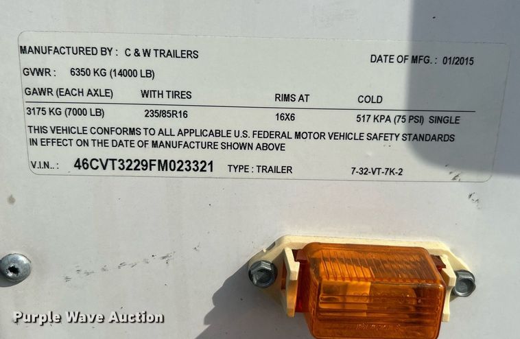 image for item LV9078 2015 C&W trailers 732VT7K2  enclosed cargo trailer