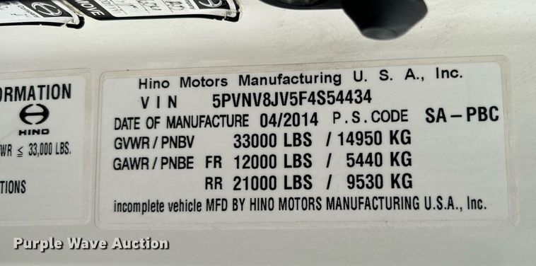 image for item LV9087 2015 Hino 338  box truck