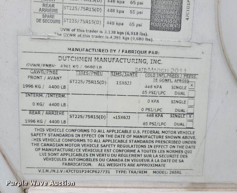 image for item MG9766 2012 Dutchmen Denali 265RL  camper