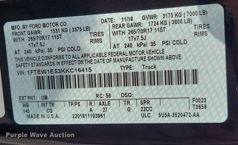 image for item MJ9411 2019 Ford F150  SuperCrew pickup truck