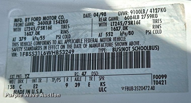 image for item ML9078 1998 Ford Club Wagon  handicap accessible van