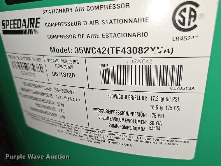 image for item NJ9822 Speedaire  air compressor