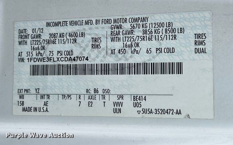 image for item NL9653 2012 Ford E350 Super Duty  box truck