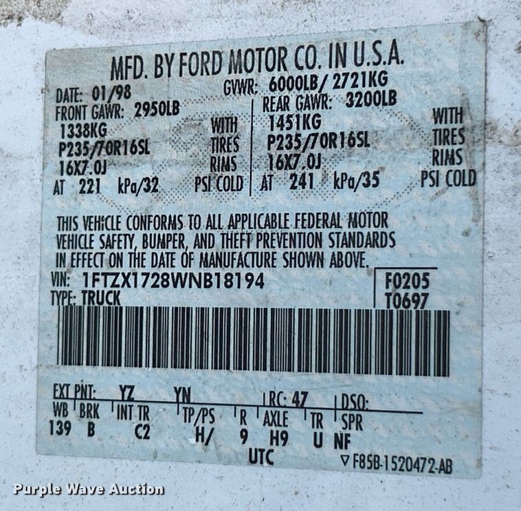 image for item NQ9816 1998 Ford F150 XL  SuperCab pickup truck