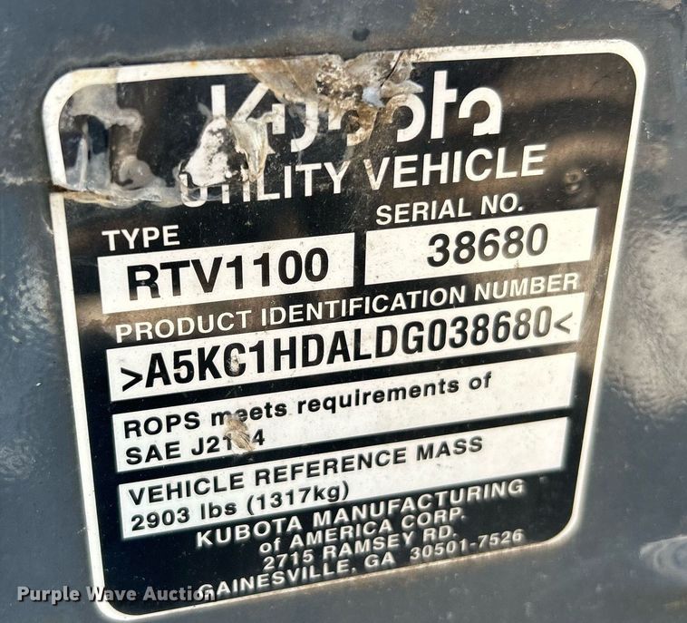 image for item NQ9884 2013 Kubota RTV1100  utility vehicle