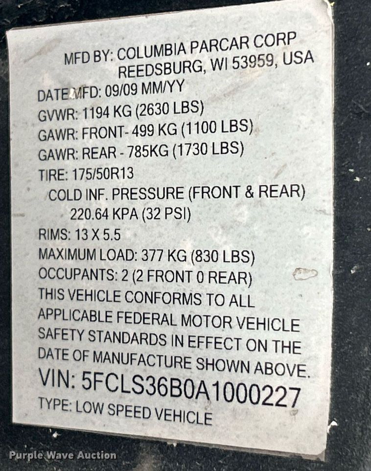image for item NQ9885 2010 Columbia Parcar Summit  utility vehicle