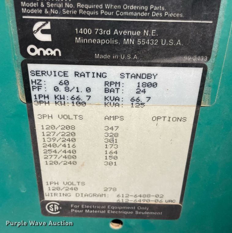 image for item NT9595 Onan 100DGDB  generator