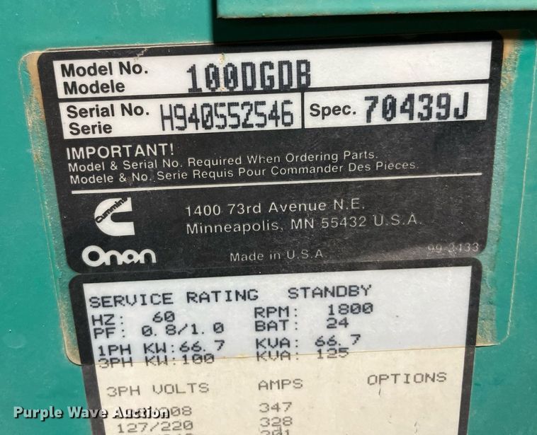 image for item NT9595 Onan 100DGDB  generator