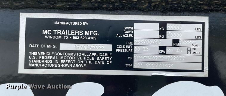 image for item NY9925 2023 MC Trailers  equipment trailer