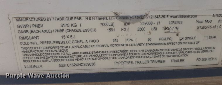 image for item OF9501 2017 H&H  enclosed cargo trailer