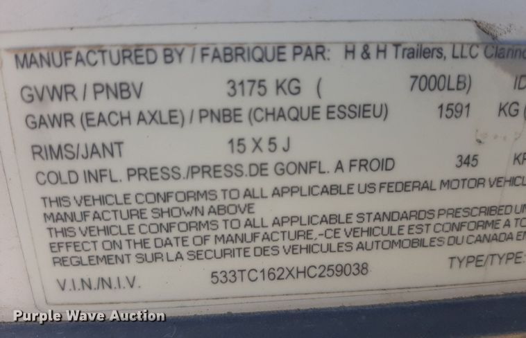 image for item OF9501 2017 H&H  enclosed cargo trailer