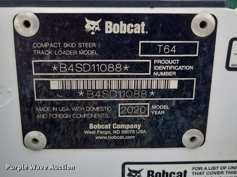 image for item DK4095 2020 Bobcat T64  tracked skid steer loader