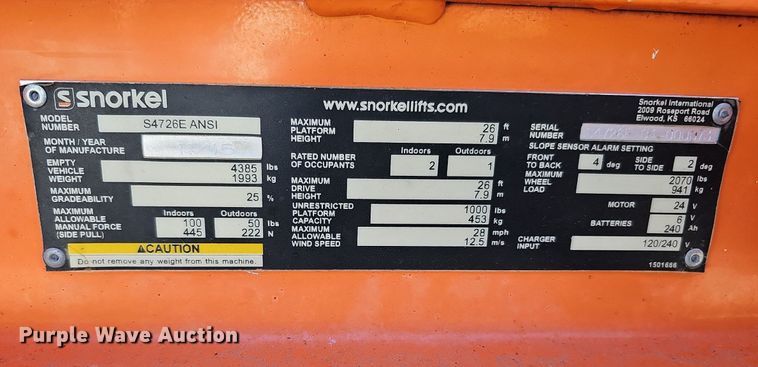 image for item DQ1175 2015 Snorkel S4726E  scissor lift