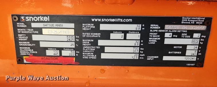 image for item DQ1176 2016 Snorkel S4732E  scissor lift