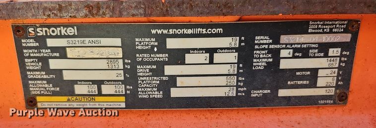 image for item DQ1177 2016 Snorkel S3219E  scissor lift