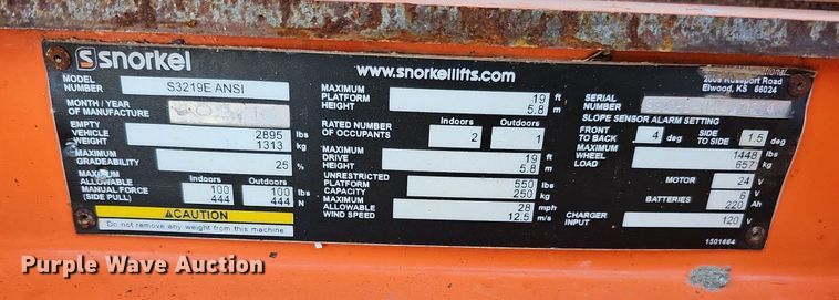 image for item DQ1178 2016 Snorkel S3219E  scissor lift