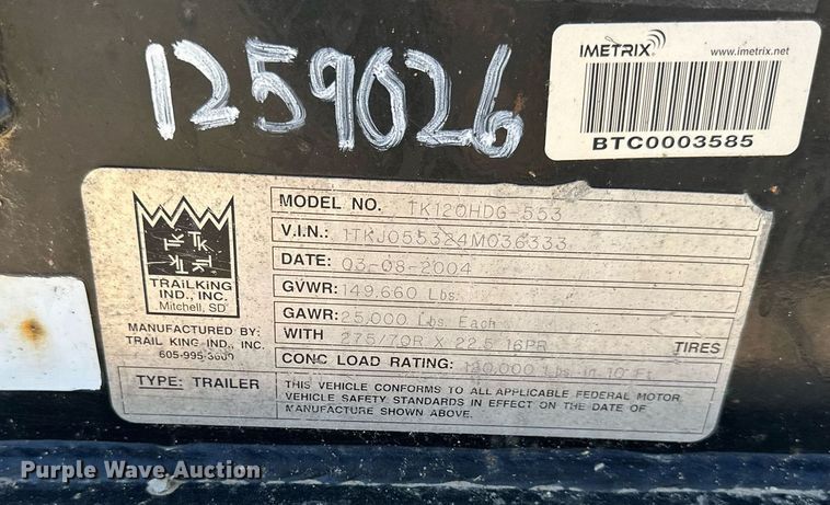 image for item DV1020 2004 Trail King TK120HDG-553  lowboy equipment trailer