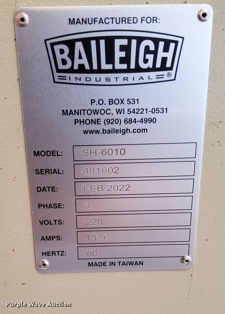 image for item DV1054 2022 Baileigh SH6010  metal shear