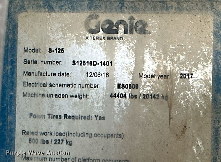 image for item ID9383 2017 Genie S-125  boom lift