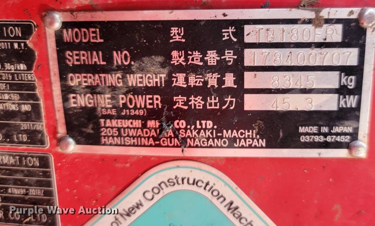 image for item JW9628 2012 Takeuchi TB180 FR EX5  mini excavator