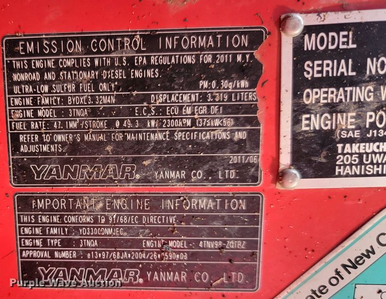 image for item JW9628 2012 Takeuchi TB180 FR EX5  mini excavator