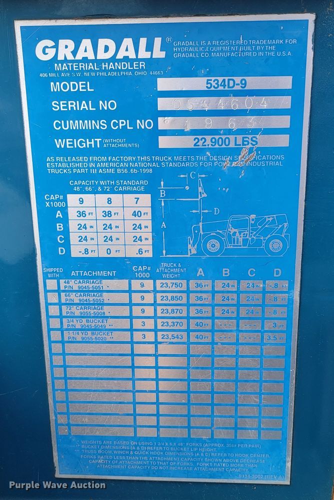 image for item JW9658 1999 Gradall 534D-9  telehandler