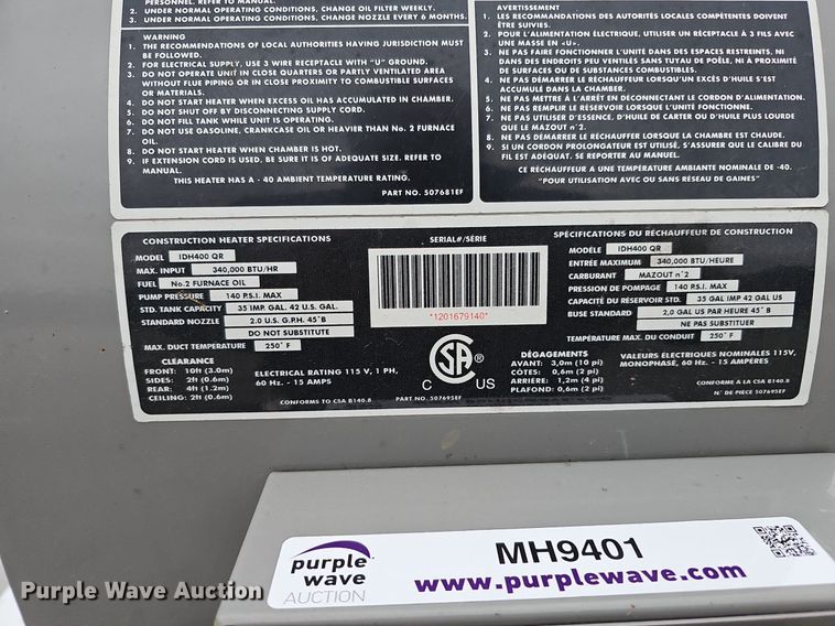 image for item MH9401 Intertek Frost Fighter Inc IDH400 QR  heater