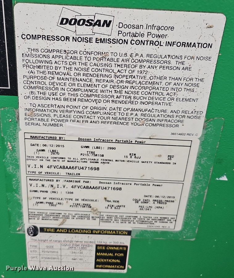 image for item MH9403 2015 Doosan P185WDO-T4F  air compressor