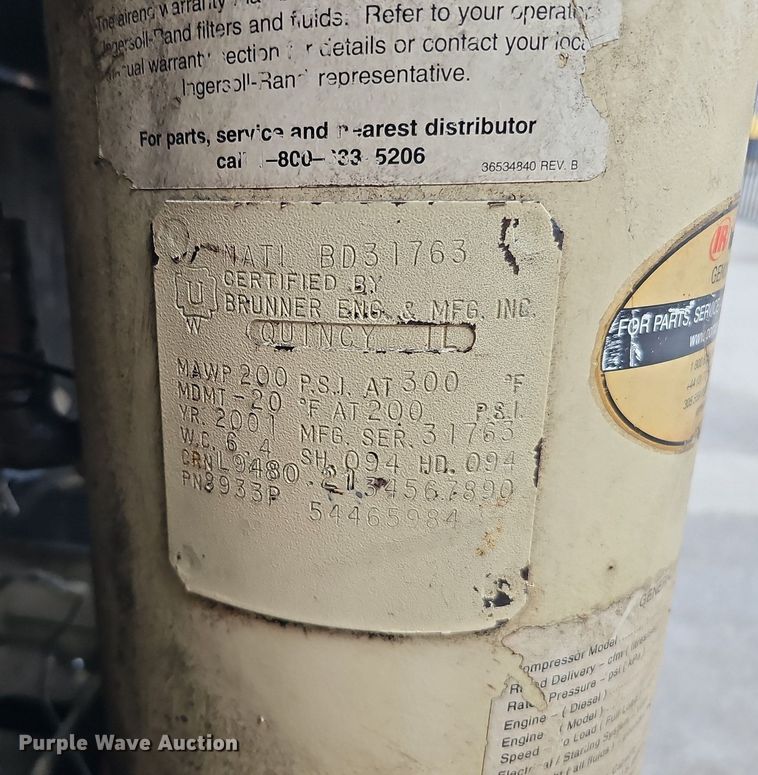image for item MH9404 2001 Ingersoll Rand  P185WJDJ air compressor