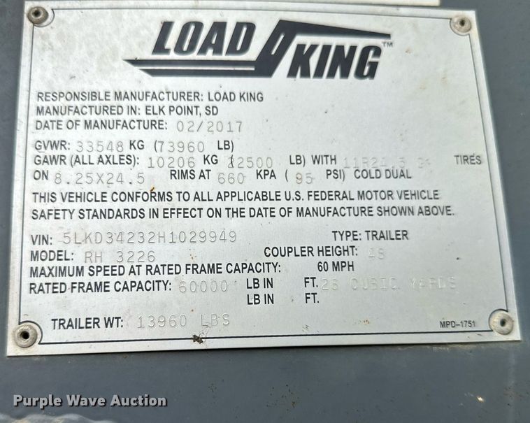 image for item MU9109 2017 Load King RH3226  end dump trailer
