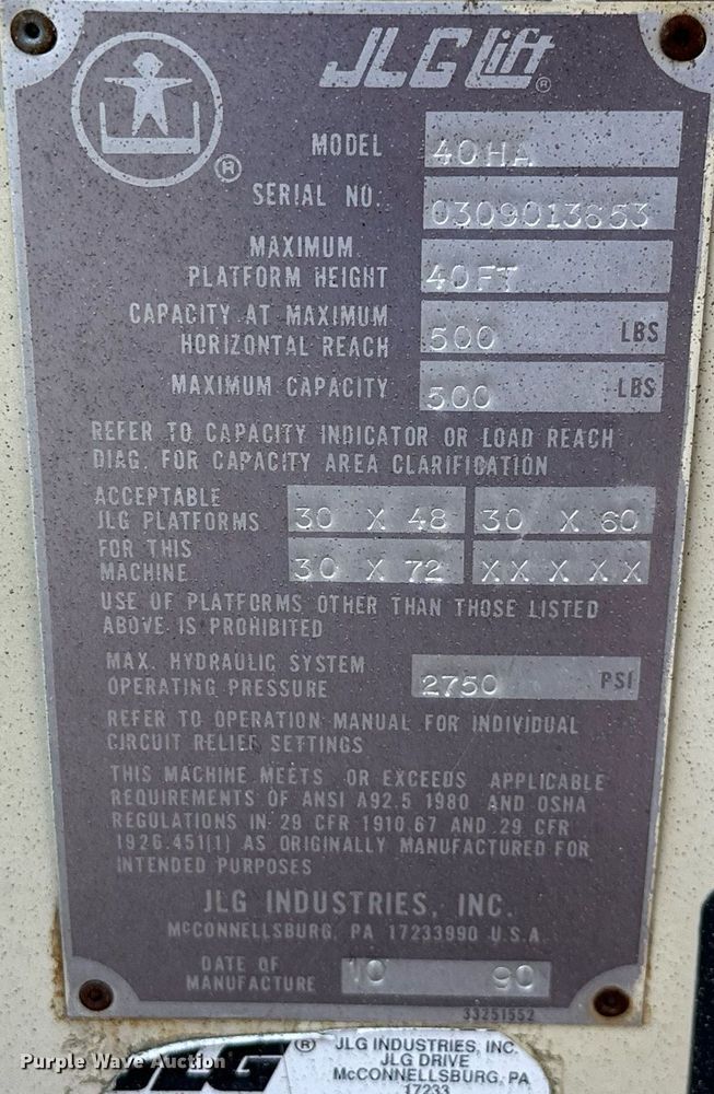 image for item NO9250 1990 JLG 40HA  boom lift
