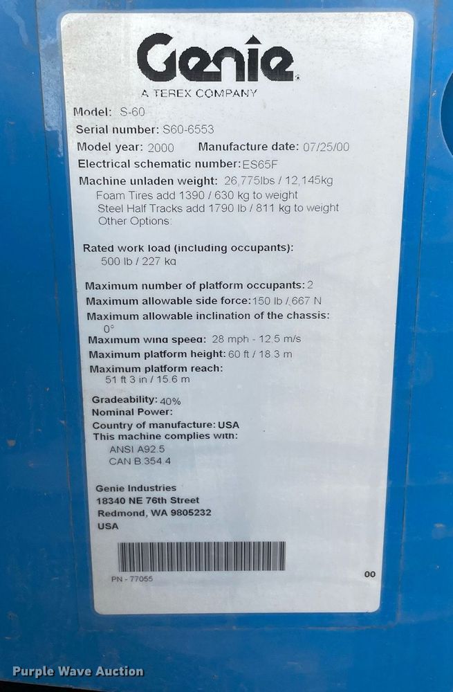 image for item NY9924 2000 Genie S-60  boom lift