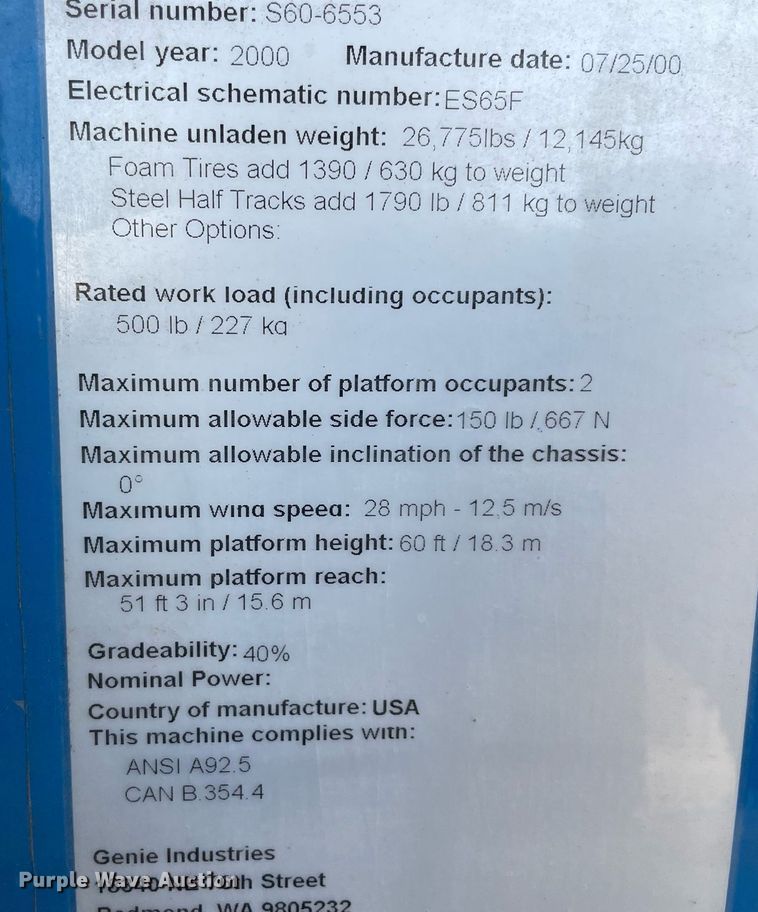 image for item NY9924 2000 Genie S-60  boom lift