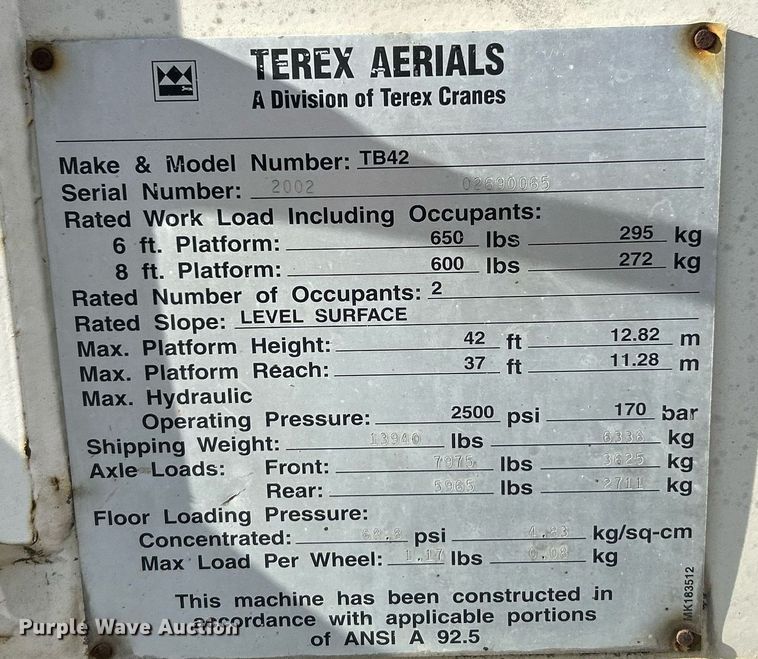 image for item NZ9032 2002 Terex TB42  boom lift