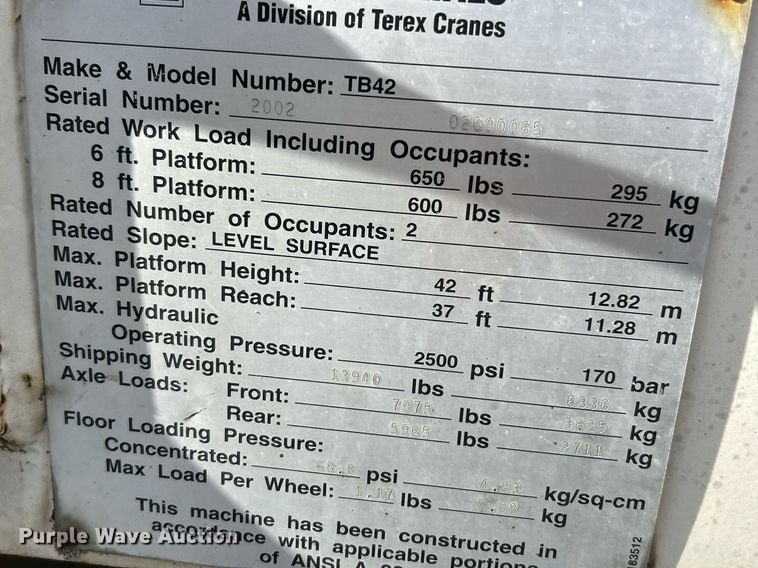 image for item NZ9032 2002 Terex TB42  boom lift