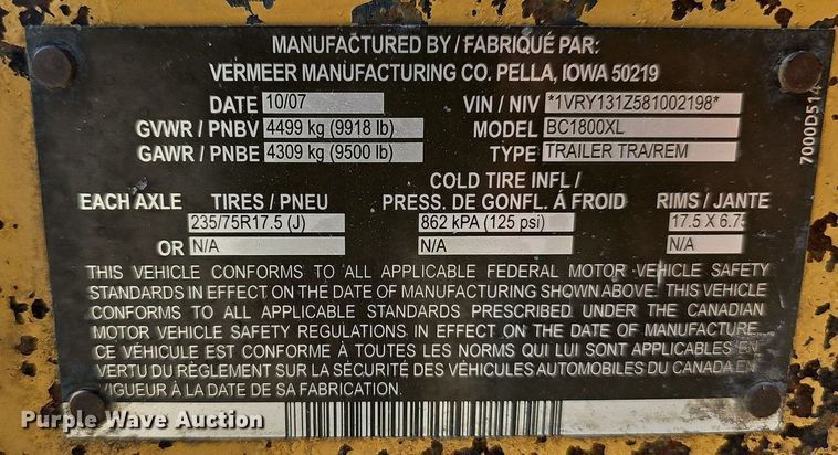 image for item OG9487 2008 Vermeer BC1800XL  wood chipper