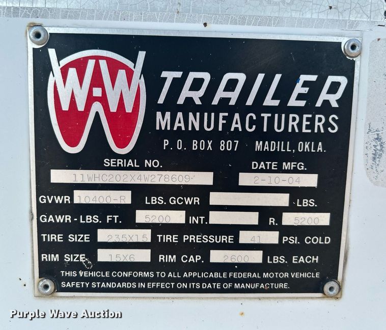 image for item DJ6343 2004 W-W Trailer  enclosed cargo trailer