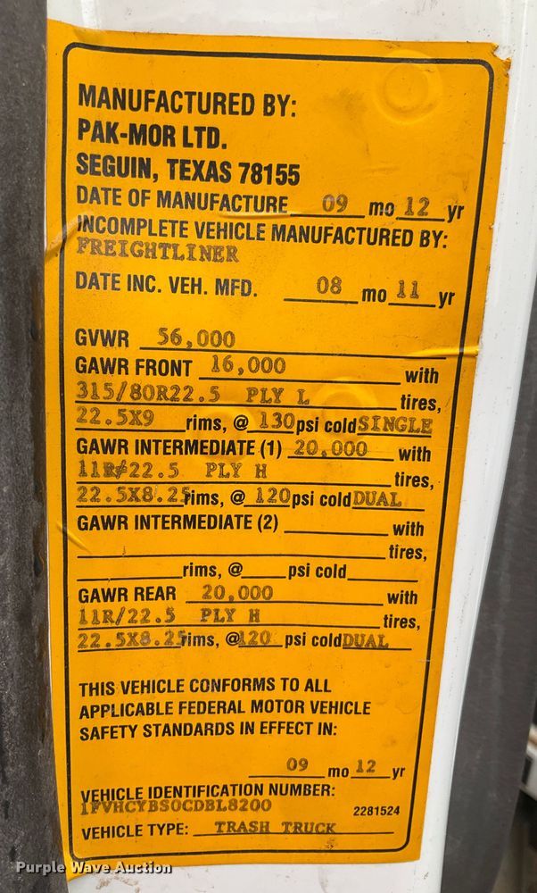 image for item DK2531 2012 Freightliner M2 106  refuse truck