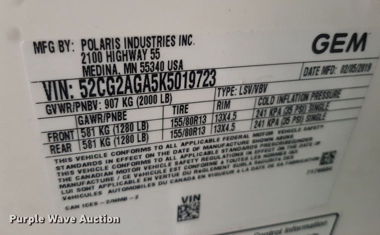 image for item DO3154 2019 Polaris GEM E2  golf cart