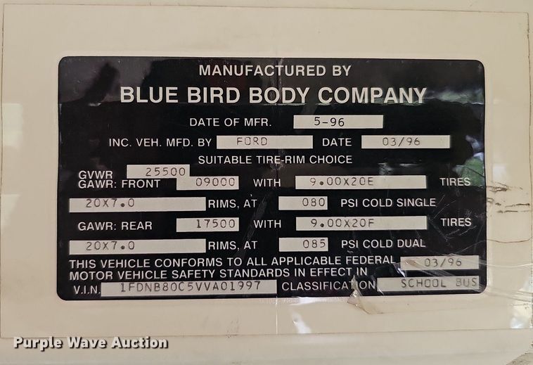 image for item DQ1195 1997 Ford Blue Bird M77239  school bus