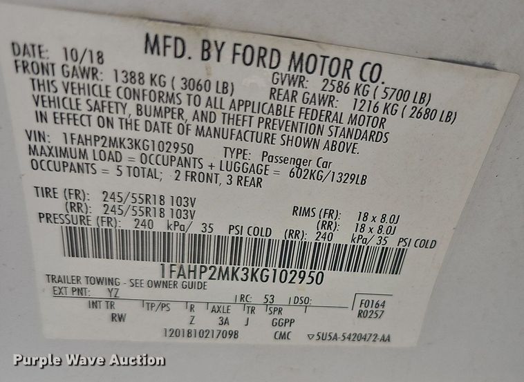 image for item DR5788 2019 Ford Taurus Police Interceptor