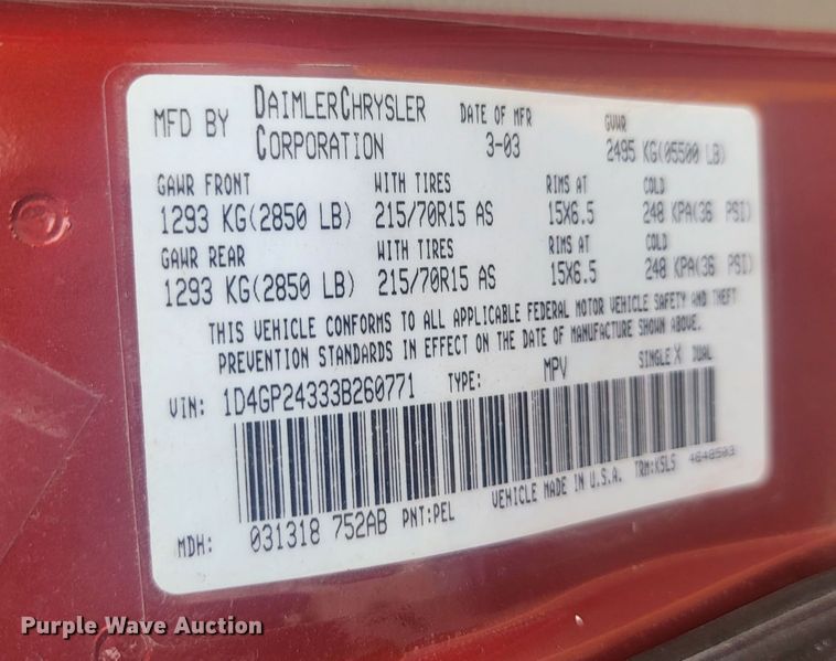 image for item JW9611 2003 Dodge Grand Caravan SE  handicap accessible van