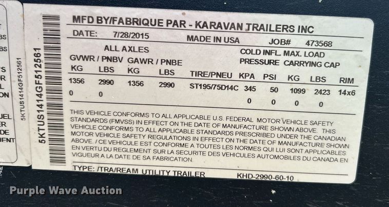 image for item KH9492 2015 Karavan  utility trailer