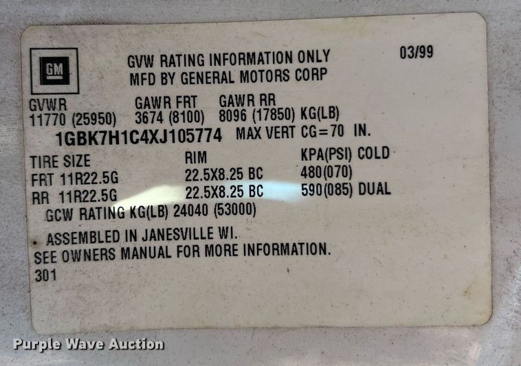 image for item NA9219 1999 Chevrolet C6500  crane truck