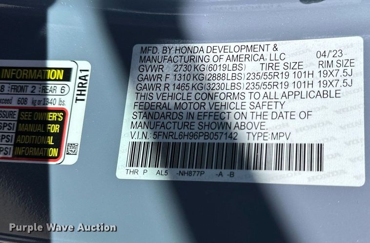 image for item NP9697 2023 Honda Odyssey Elite  van