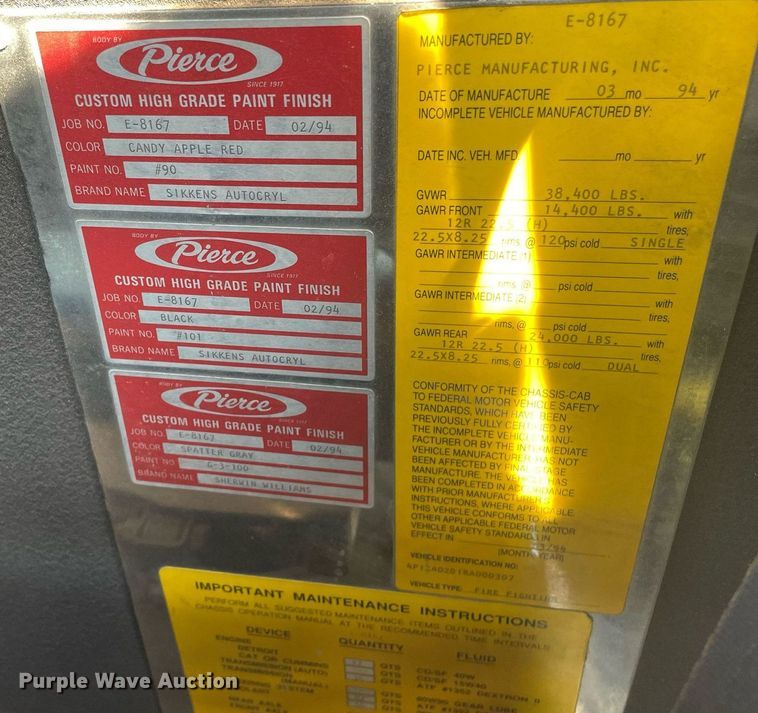 image for item NX9834 1994 Pierce Arrow  fire truck