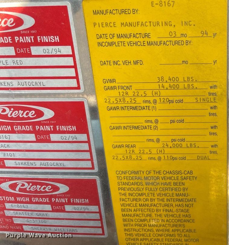 image for item NX9834 1994 Pierce Arrow  fire truck