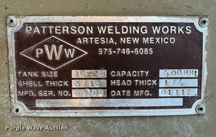 image for item DK2550 2012 Patterson Welding Works  tank